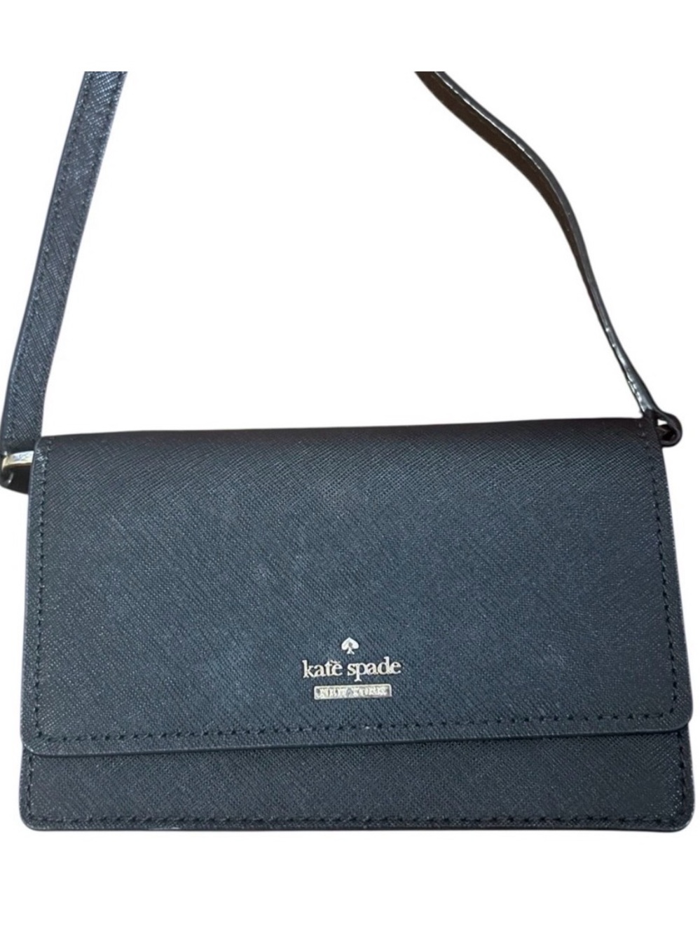 Kate Spade NY Black Saffiano Mini Crossbody Magnetic Flap Bookstripe Lining GUC